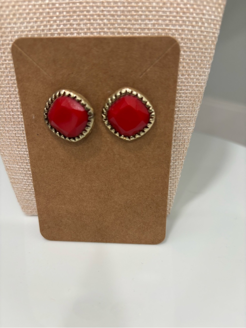 Bold Red Faceted Stud Earrings with Gold-Tone Bezel